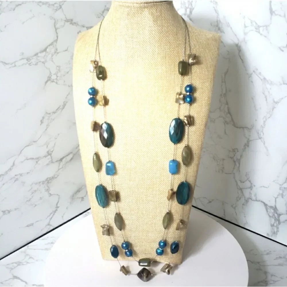 NY COLLECTION Double Strand Long Resin Beaded Necklace